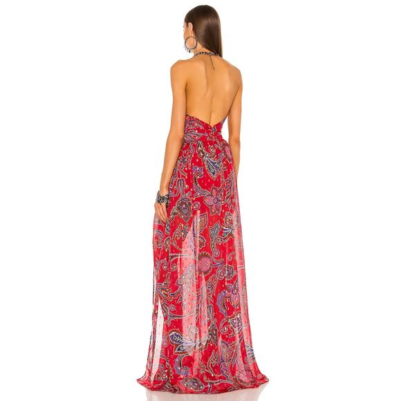 Dundas Jimi Maxi Dress Red Paisley Halter Gown Sleeveless Side Slit Sz L - Picture 3 of 12